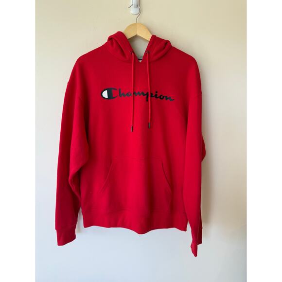 Champion Authentic Sweatshirt Mens Size Large Graphic Logo Pullover Red Hoodie - Picture 1 of 11